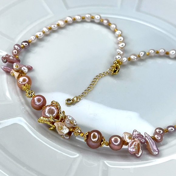 Handmade Freshwater Peach Pink Metallic Edison Pearl Necklace - Picture 5 of 8